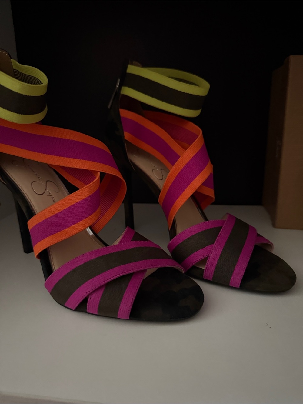 Jessica Simpson Multicolor Strappy High Heels - Pink, Orange, Yellow, Brown
